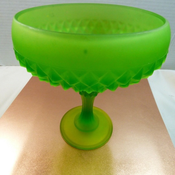 Indiana Glass Candy Dish Pedestal Bowl Green Footed Frosted Diamond Point - Picture 2 of 10